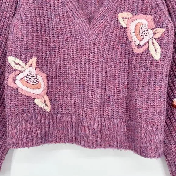 LoveShackFancy Ridge Sweater Floral Embroidered Balloon Sleeve Chunky Knit Berry - Picture 9 of 16